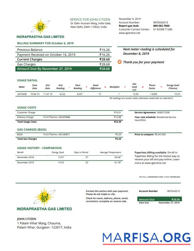 Realistic India Indraprasth Gas utility bill download for verification